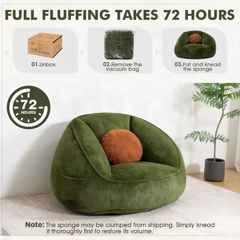 Fauteuil poire ergonomique en similicuir vert avocat avec fausse fourrure et mousse à mémoire de forme - Le cadeau parfait pour les adultes