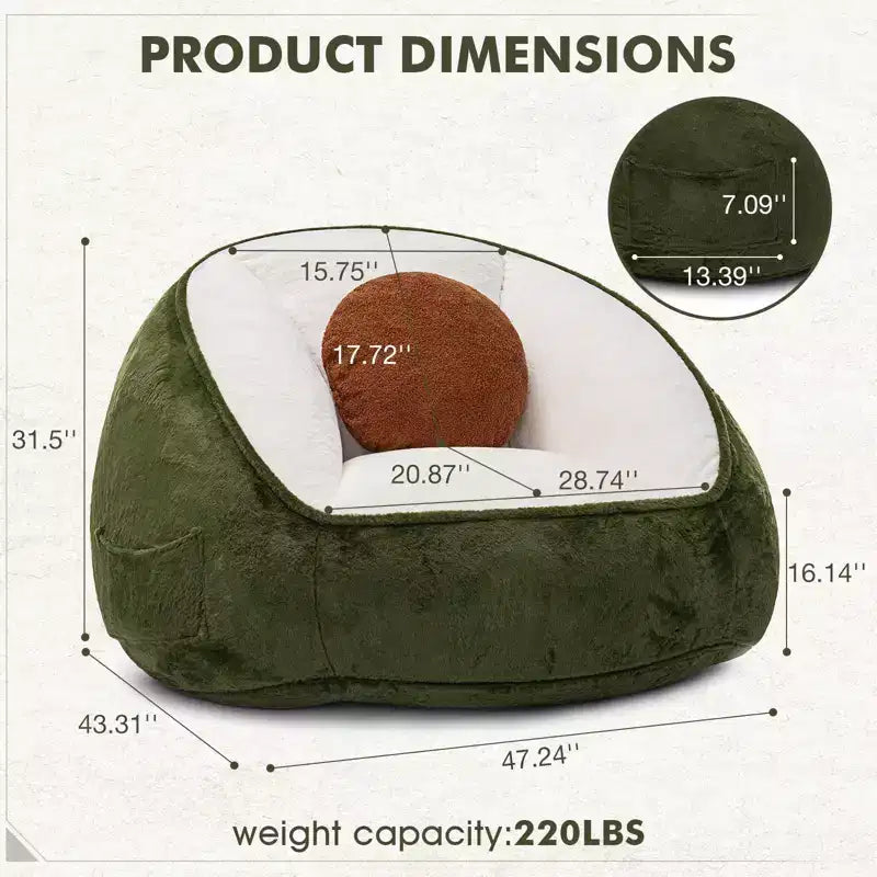 Fauteuil poire ergonomique en similicuir vert avocat avec fausse fourrure et mousse à mémoire de forme - Le cadeau parfait pour les adultes