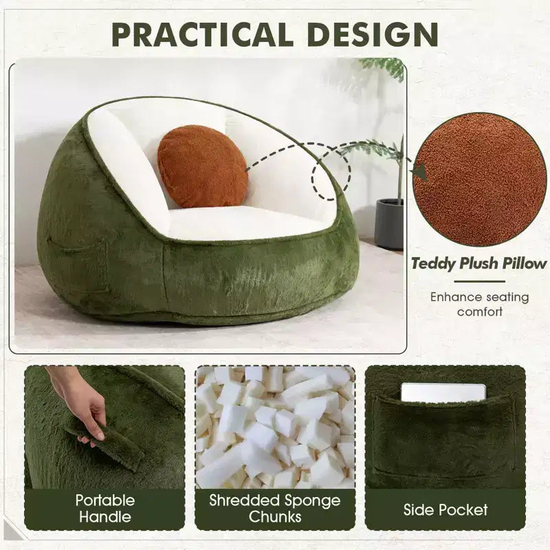 Fauteuil poire ergonomique en similicuir vert avocat avec fausse fourrure et mousse à mémoire de forme - Le cadeau parfait pour les adultes