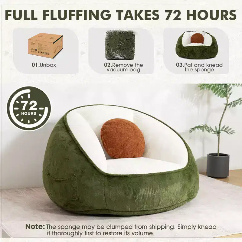Fauteuil poire ergonomique en similicuir vert avocat avec fausse fourrure et mousse à mémoire de forme - Le cadeau parfait pour les adultes