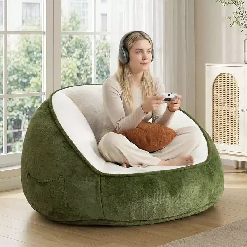 Fauteuil poire ergonomique en similicuir vert avocat avec fausse fourrure et mousse à mémoire de forme - Le cadeau parfait pour les adultes
