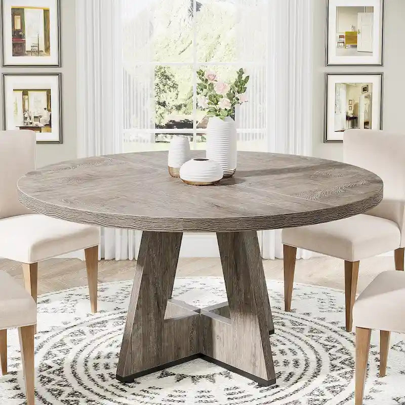 Table à manger ronde de 120 cm pour 4 personnes, table de salle à manger/cuisine/salon en bois style ferme