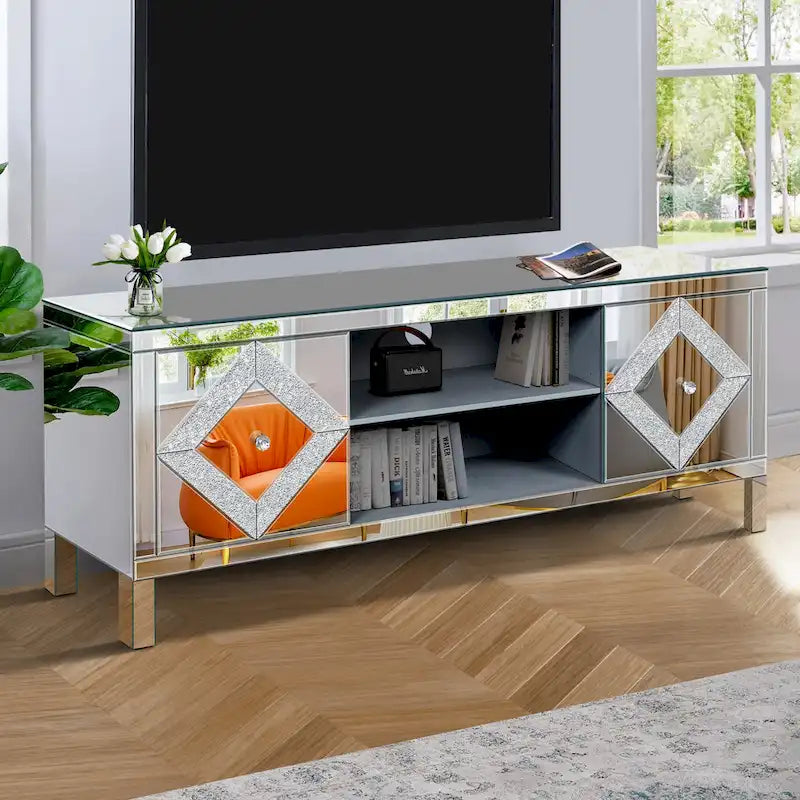 Meuble TV de 150 cm avec portes miroir en losange et rangement pour téléviseurs jusqu'à 65 pouces