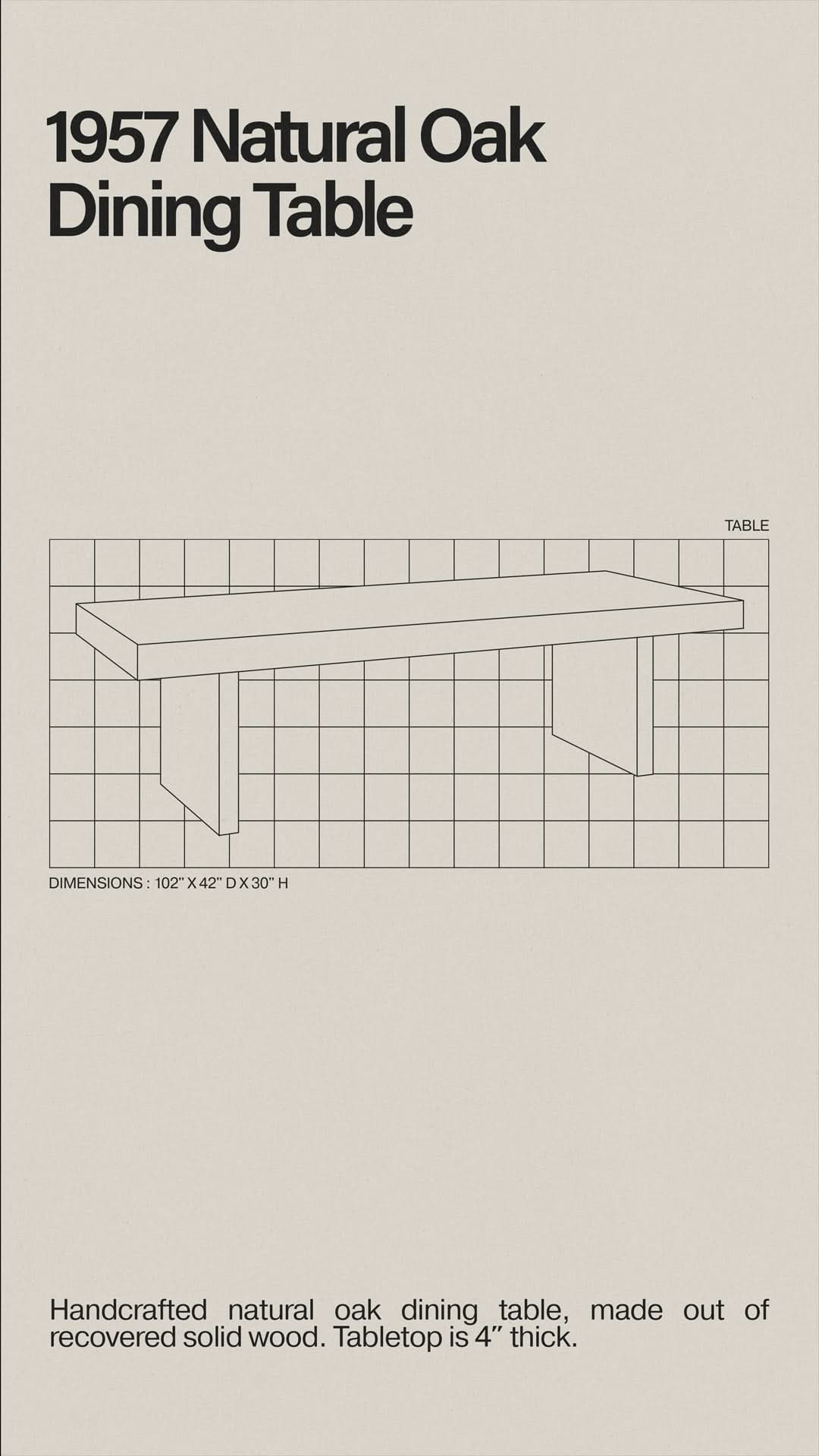 Table de salle à manger 1957 en chêne naturel - finition en chêne massif par des artisans partenaires, dimensions, matériaux et finitions disponibles sur demande