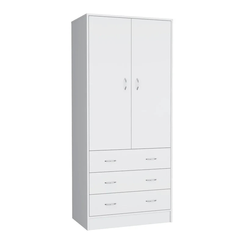 19 Armoire moderne à deux portes avec 3 tiroirs et 1 tringle de penderie pour chambre à coucher