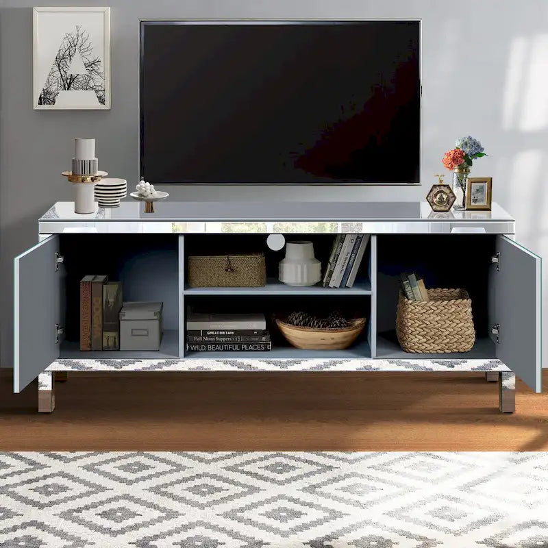 Meuble TV de 150 cm avec portes miroir en losange et rangement pour téléviseurs jusqu'à 65 pouces