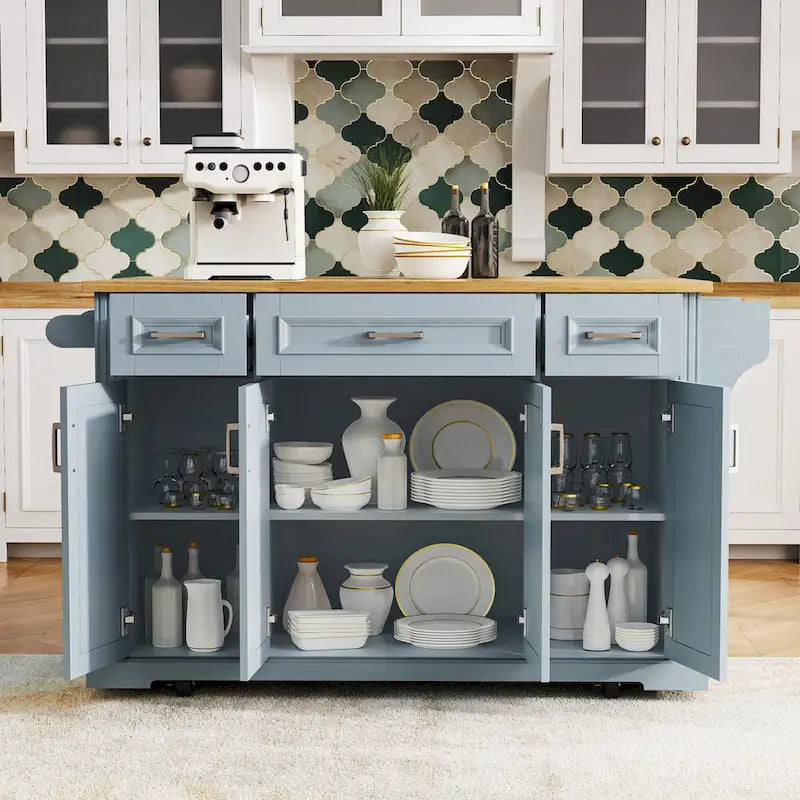 54 Grand îlot de cuisine avec plateau rabattable en bois d'hévéa, chariot de cuisine roulant à texture gaufrée sur 4 roues avec 4 portes et 3 tiroirs