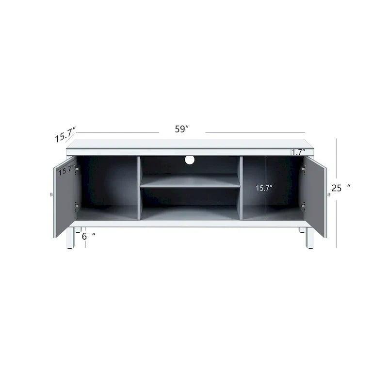 Meuble TV de 150 cm avec portes miroir en losange et rangement pour téléviseurs jusqu'à 65 pouces