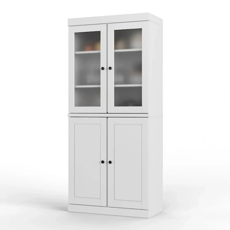 Meuble de rangement en bois massif avec portes en verre dépoli, portes pleines, 2 tiroirs et étagères réglables