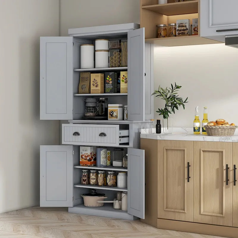 Meuble de rangement de cuisine autoportant traditionnel de 72 pouces avec 4 portes et 3 étagères réglables, grand tiroir central