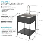 Évier de buanderie et support de lavage en acier inoxydable de 24 po L x 22 po P x 35 po H