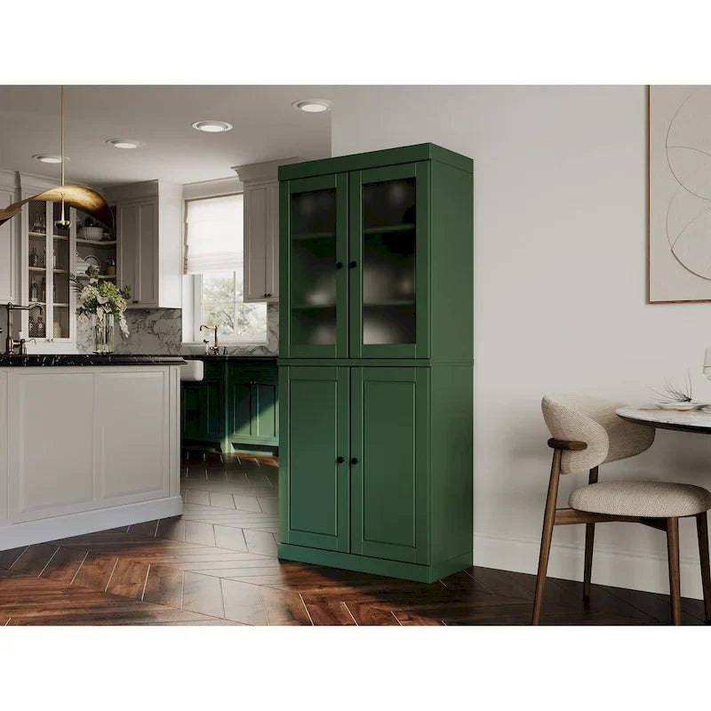Meuble de rangement en bois massif avec portes en verre dépoli, portes pleines, 2 tiroirs et étagères réglables