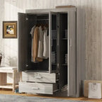 Armoire penderie 3 portes avec miroirs, étagères et 2 tiroirs