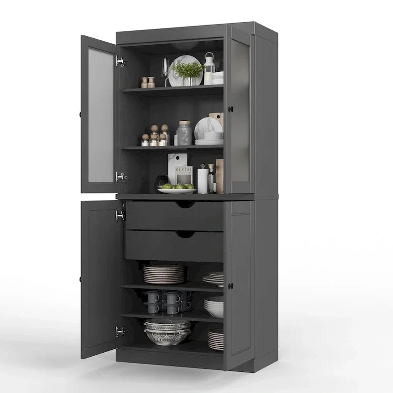 Meuble de rangement en bois massif avec portes en verre dépoli, portes pleines, 2 tiroirs et étagères réglables