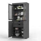 Meuble de rangement en bois massif avec portes en verre dépoli, portes pleines, 2 tiroirs et étagères réglables