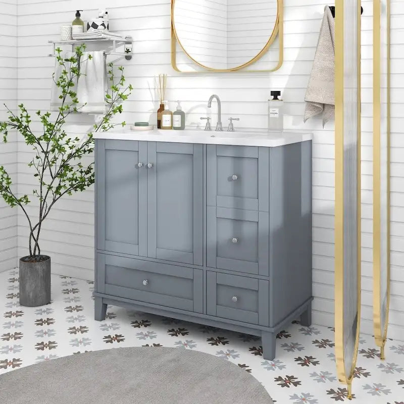 Meuble-lavabo de 36 pouces avec chargement USB, évier en résine, cadre en bois massif, 3 tiroirs de rangement