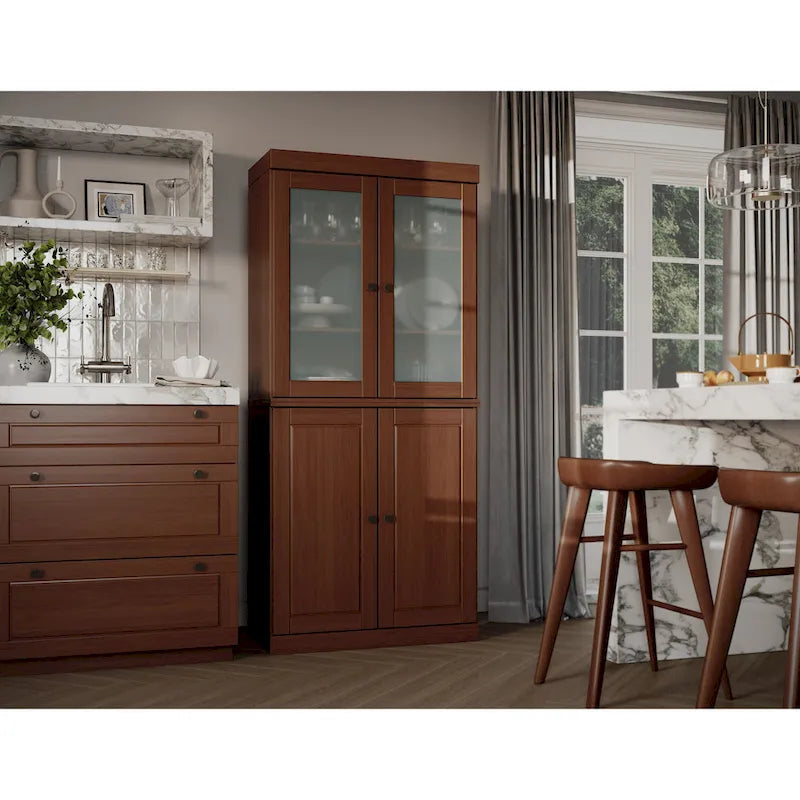 Meuble de rangement en bois massif avec portes en verre dépoli, portes pleines, 2 tiroirs et étagères réglables