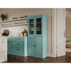 Meuble de rangement en bois massif avec portes en verre dépoli, portes pleines, 2 tiroirs et étagères réglables