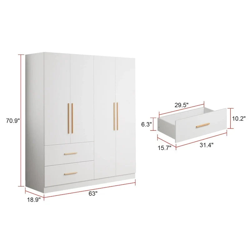 Armoire penderie autoportante de 63 pouces de large avec tiroirs