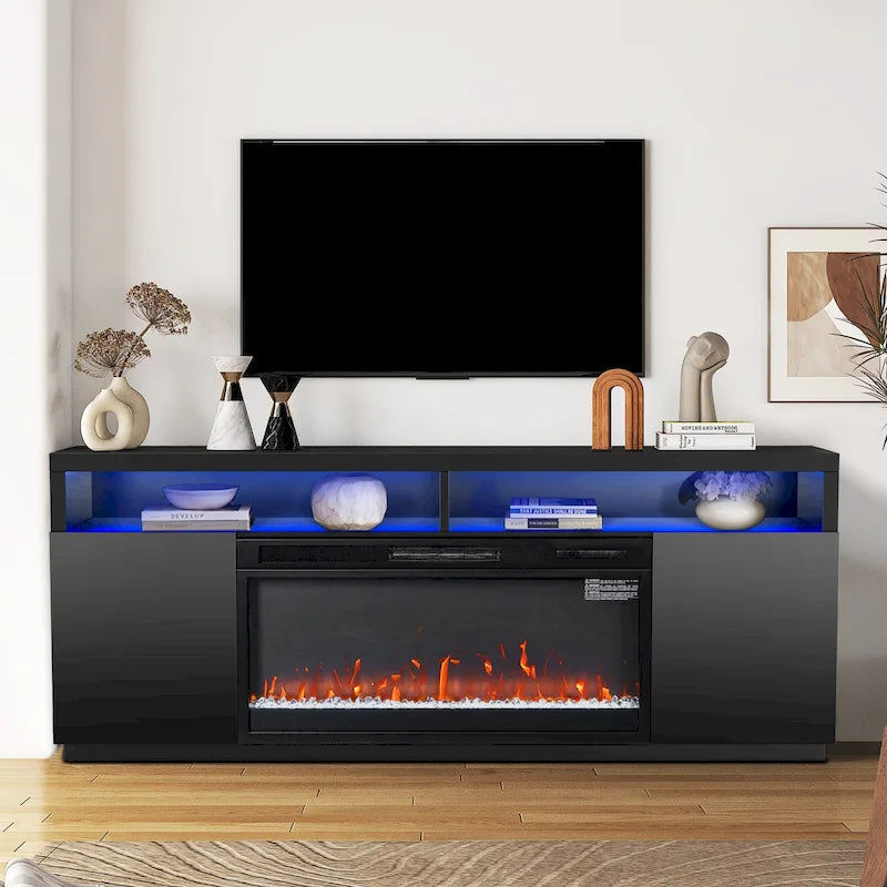 Meuble TV de cheminée électrique RVB moderne noir de 68 pouces pour téléviseurs jusqu'à 72 pouces