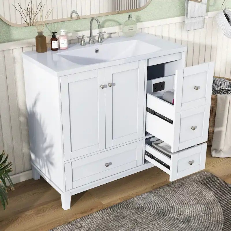 Meuble-lavabo de 36 pouces avec chargement USB, évier en résine, cadre en bois massif, 3 tiroirs de rangement