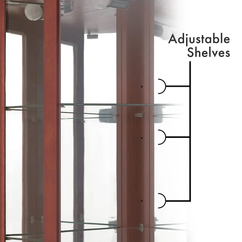 Vitrine d'angle à 6 étagères avec lumières, miroirs et étagères réglables, merisier