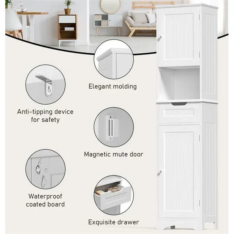 Meuble de Salle de Bain Haut de 170 cm, Colonne de Rangement Étroite avec 2 Portes et Tiroir
