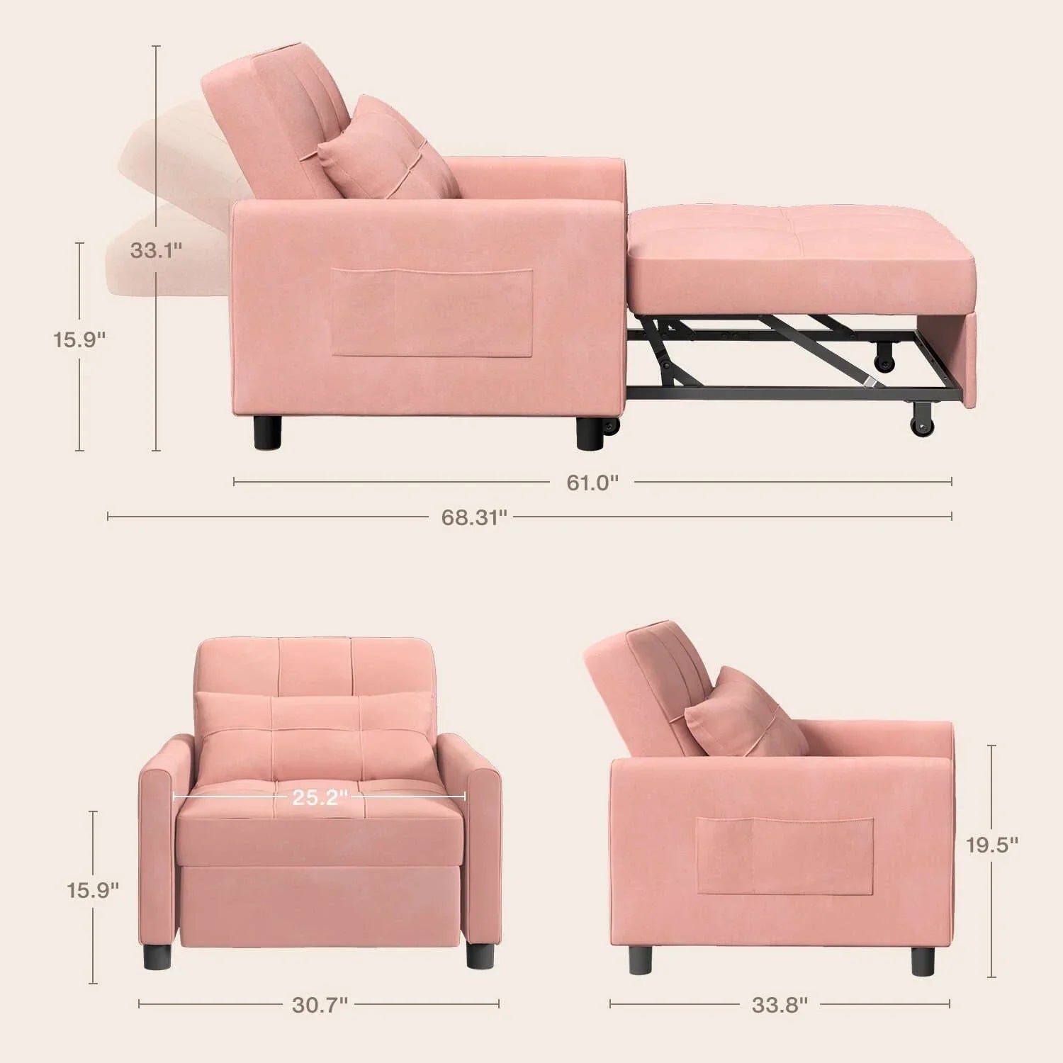 Canapé-lit convertible 3-en-1, Canapé-chaise dépliable, Lit pliant convertible pour salon