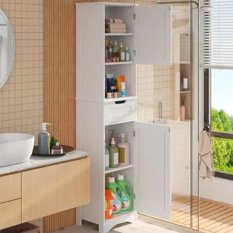 Meuble de Salle de Bain Haut de 170 cm, Colonne de Rangement Étroite avec 2 Portes et Tiroir