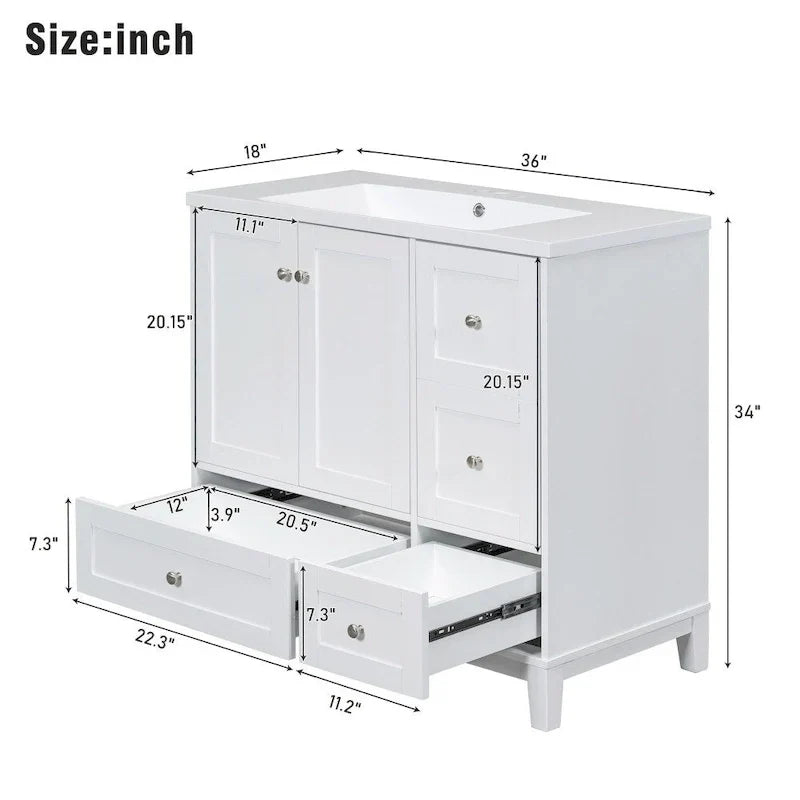 Meuble-lavabo de 36 pouces avec chargement USB, évier en résine, cadre en bois massif, 3 tiroirs de rangement