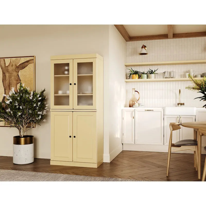 Meuble de rangement en bois massif avec portes en verre dépoli, portes pleines, 2 tiroirs et étagères réglables