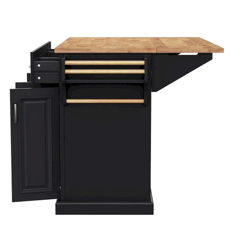54 Grand îlot de cuisine avec plateau rabattable en bois d'hévéa, chariot de cuisine roulant à texture gaufrée sur 4 roues avec 4 portes et 3 tiroirs