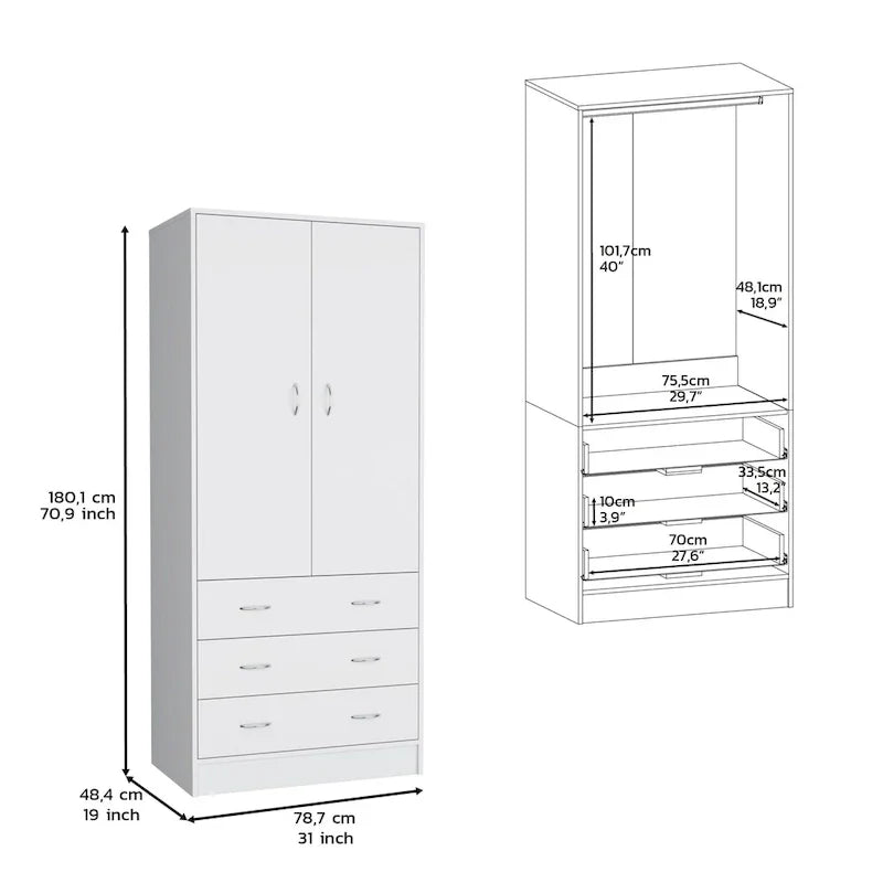 19 Armoire moderne à deux portes avec 3 tiroirs et 1 tringle de penderie pour chambre à coucher