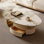 Table basse ovale moderne Pandora 51 avec plateau en pierre frittée brillante, table basse de luxe, pieds en acier inoxydable pour salon