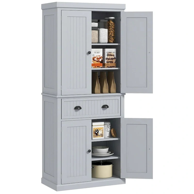 Meuble de rangement de cuisine autoportant traditionnel de 72 pouces avec 4 portes et 3 étagères réglables, grand tiroir central