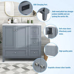 Meuble-lavabo de 36 pouces avec chargement USB, évier en résine, cadre en bois massif, 3 tiroirs de rangement