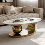 Table basse ovale moderne Pandora 51 avec plateau en pierre frittée brillante, table basse de luxe, pieds en acier inoxydable pour salon