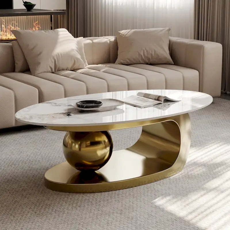 Table basse ovale moderne Pandora 51 avec plateau en pierre frittée brillante, table basse de luxe, pieds en acier inoxydable pour salon