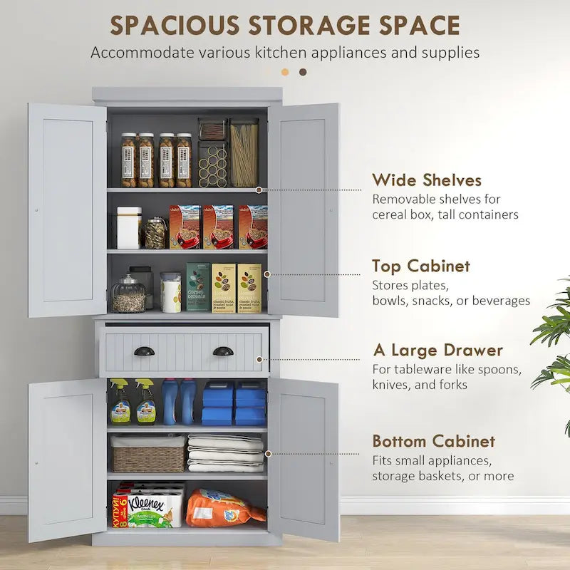 Meuble de rangement de cuisine autoportant traditionnel de 72 pouces avec 4 portes et 3 étagères réglables, grand tiroir central
