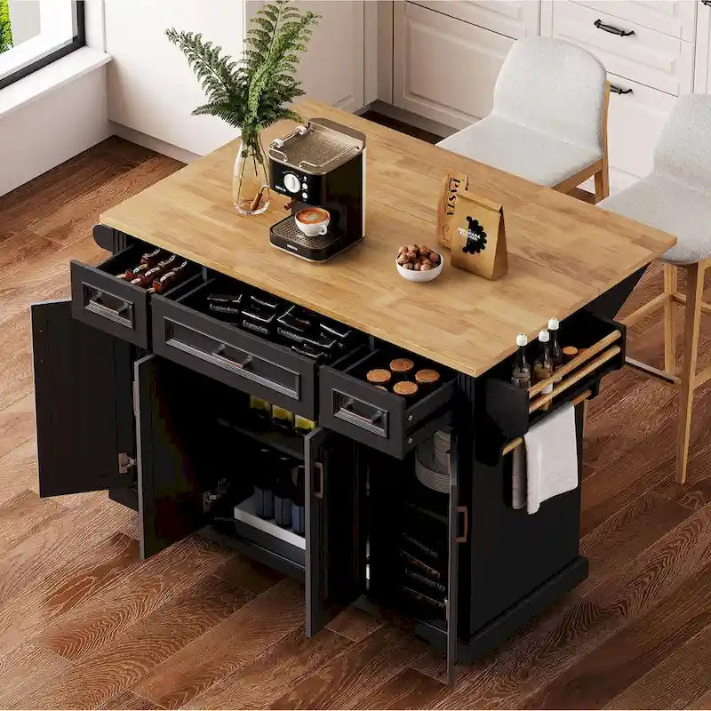 54 Grand îlot de cuisine avec plateau rabattable en bois d'hévéa, chariot de cuisine roulant à texture gaufrée sur 4 roues avec 4 portes et 3 tiroirs