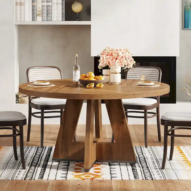 Table à manger ronde de 120 cm pour 4 personnes, table de salle à manger/cuisine/salon en bois style ferme