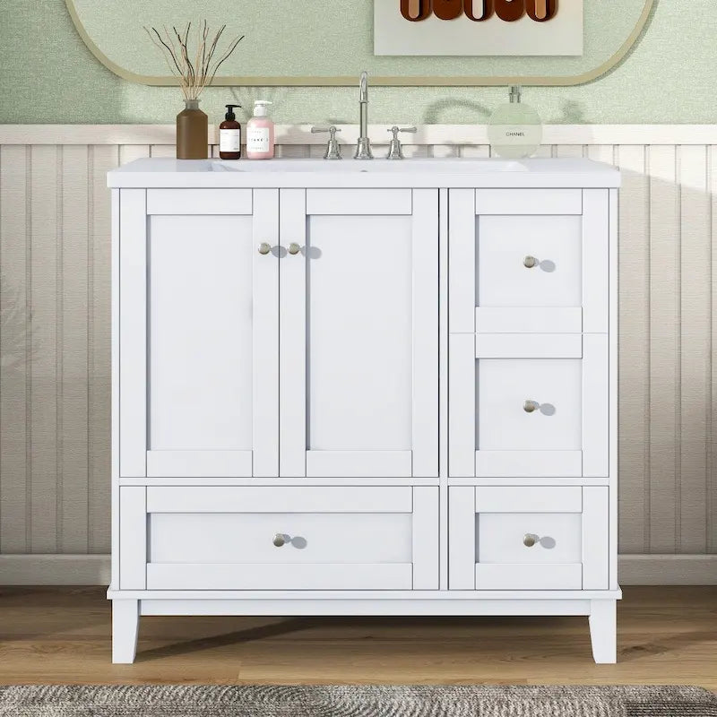 Meuble-lavabo de 36 pouces avec chargement USB, évier en résine, cadre en bois massif, 3 tiroirs de rangement