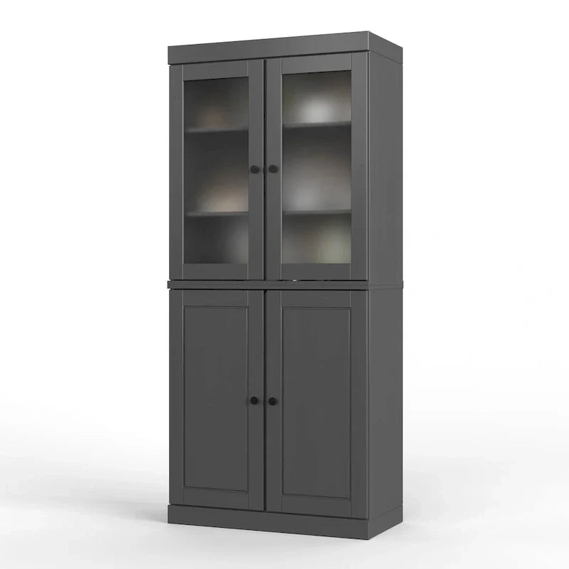Meuble de rangement en bois massif avec portes en verre dépoli, portes pleines, 2 tiroirs et étagères réglables
