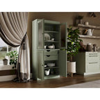 Meuble de rangement en bois massif avec portes en verre dépoli, portes pleines, 2 tiroirs et étagères réglables