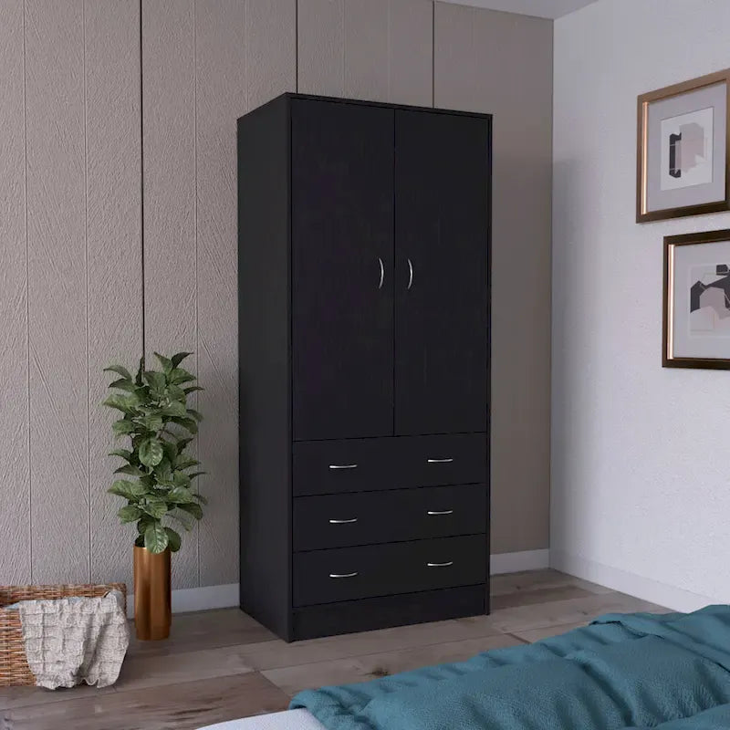 19 Armoire moderne à deux portes avec 3 tiroirs et 1 tringle de penderie pour chambre à coucher