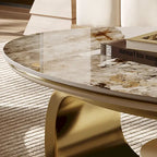 Table basse ovale moderne Pandora 51 avec plateau en pierre frittée brillante, table basse de luxe, pieds en acier inoxydable pour salon