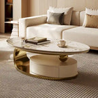Table basse ovale moderne Pandora 51 avec plateau en pierre frittée brillante, table basse de luxe, pieds en acier inoxydable pour salon