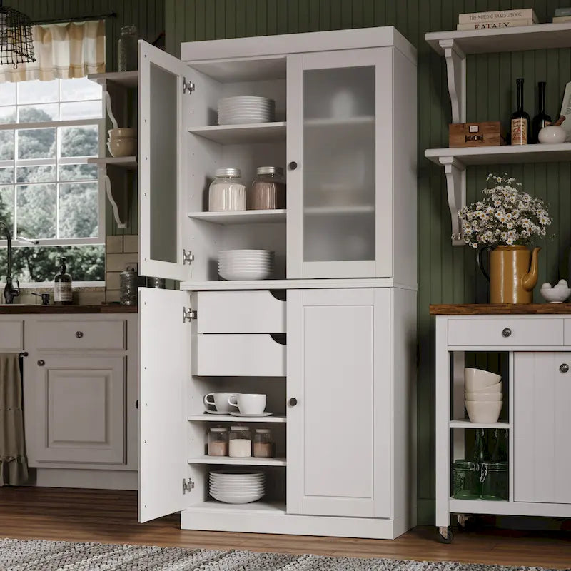 Meuble de rangement en bois massif avec portes en verre dépoli, portes pleines, 2 tiroirs et étagères réglables