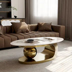 Table basse ovale moderne Pandora 51 avec plateau en pierre frittée brillante, table basse de luxe, pieds en acier inoxydable pour salon