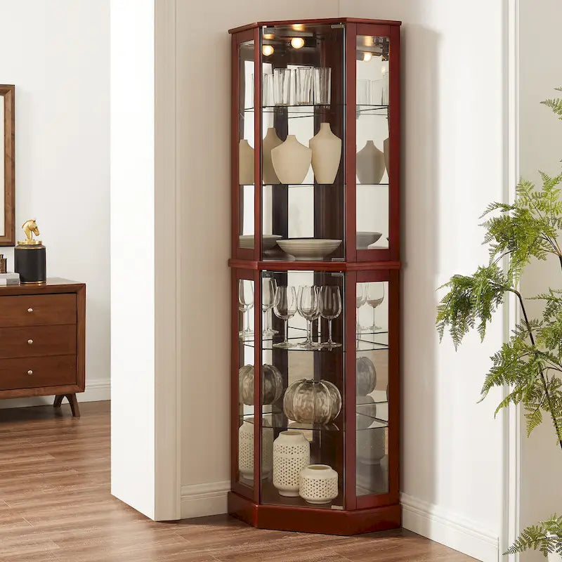 Vitrine d'angle à 6 étagères avec lumières, miroirs et étagères réglables, merisier